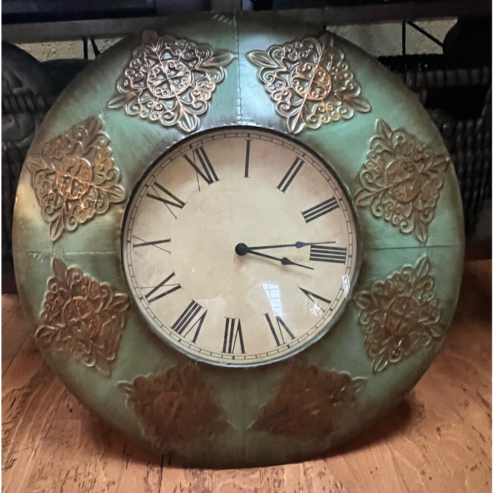 Clock, teal/green adorn with gold tone emblems. 2ft-2inches/2ft & 2 inches.